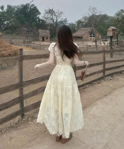 VRA0606-Đầm dài cổ viền ren thêu hoa CC
