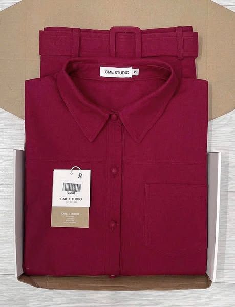 TQ4253-Set linen, áo sơ mi tay liền +CV ngắn Đỏ (kèm đai)