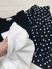 KS0714-Set áo thun đen, quần linen gân chấm bi Đen