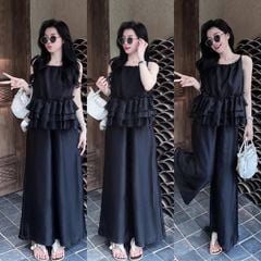 TQ4247-Set áo phối bèo tầng, quần dài Đen