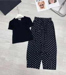 KS0714-Set áo thun đen, quần linen gân chấm bi Đen