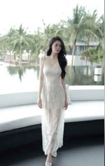 VGU0259-Đầm ren hoa cột dây vai Kem