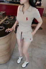 KS0728-Set thun Umi, áo nhúng eo+quần short thêu ngựa Đen