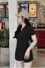 KS0728-Set thun Umi, áo nhúng eo+quần short thêu ngựa Đen