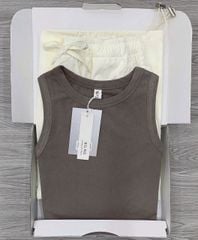KS0654-Set áo thun 3 lỗ xám, quần dài ống có dây rút Kem