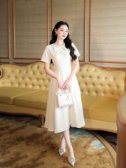 KS5111-Đầm xòe đính nơ Kem