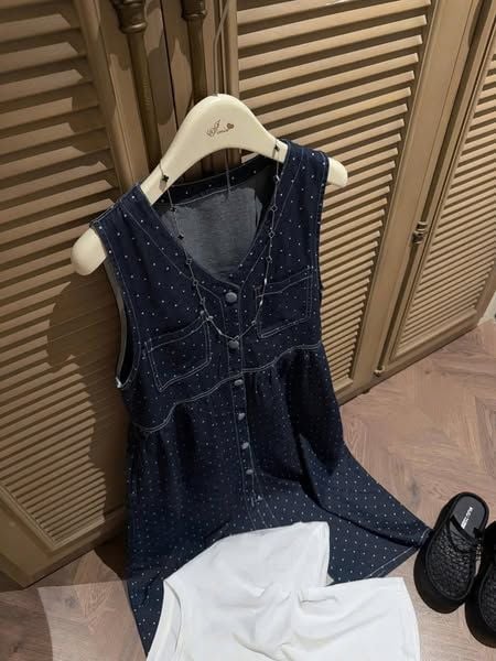 TQ4259-Set đầm jean chấm bi cổ tim+áo trắng tay phồng CC