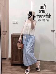 TQ4257-Set áo xô thêu tay cánh tiên, quần caro Xanh