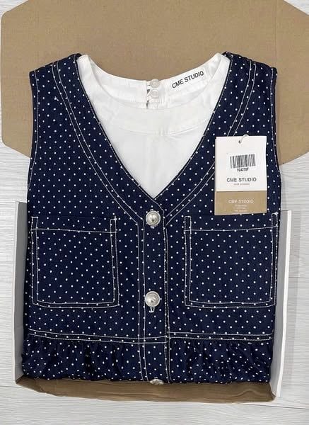 TQ4259-Set đầm jean chấm bi cổ tim+áo trắng tay phồng CC