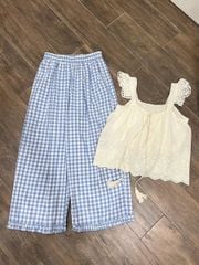 TQ4257-Set áo xô thêu tay cánh tiên, quần caro Xanh