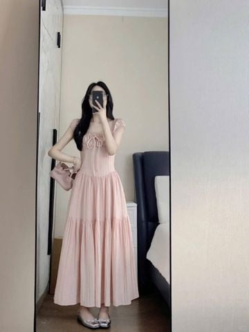 TQ4268-Đầm cổ vuông nhúng ngực Hồng