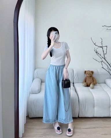 KS0736-Set áo thun body trắng, quần suông nhúng bèo Xanh