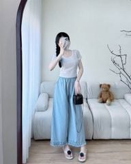 KS0736-Set áo thun body trắng, quần suông nhúng bèo Xanh