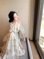 VRA0618-Đầm hoa maxi nút bọc tay phối ren