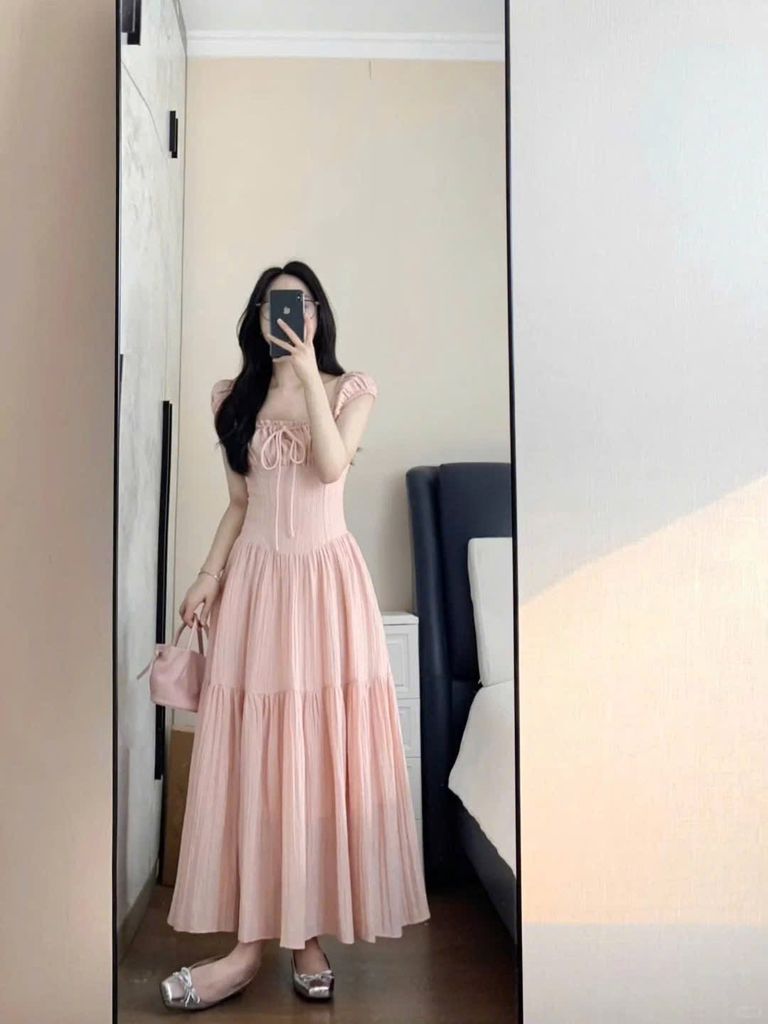 TQ4268-Đầm cổ vuông nhúng ngực Hồng