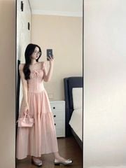 TQ4268-Đầm cổ vuông nhúng ngực Hồng
