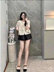 KS0739-Set áo kate thêu phối ren tròn, quần short Đen