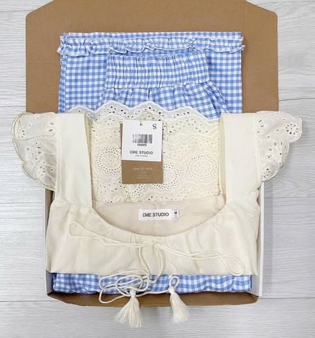 TQ4257-Set áo xô thêu tay cánh tiên, quần caro Xanh