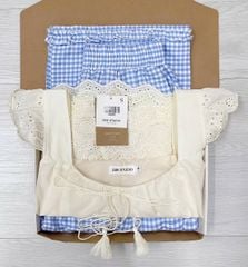 TQ4257-Set áo xô thêu tay cánh tiên, quần caro Xanh
