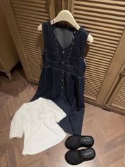 TQ4259-Set đầm jean chấm bi cổ tim+áo trắng tay phồng CC