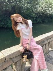 KS0754-Set áo thun trắng in nơ, quần dài caro