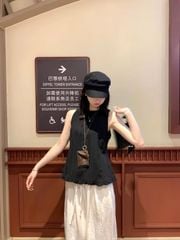 VGU0293-Set áo phối nút sau lưng, quần dài Trắng (áo đen)