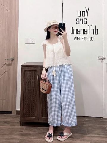 TQ4257-Set áo xô thêu tay cánh tiên, quần caro Xanh