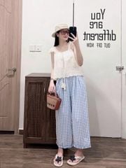 TQ4257-Set áo xô thêu tay cánh tiên, quần caro Xanh