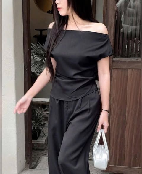 VGU0296-Set áo bệt vai nhúng eo, quần dài Đen