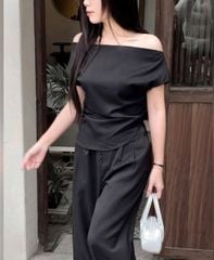 VGU0296-Set áo bệt vai nhúng eo, quần dài Đen