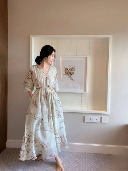 VRA0618-Đầm hoa maxi nút bọc tay phối ren