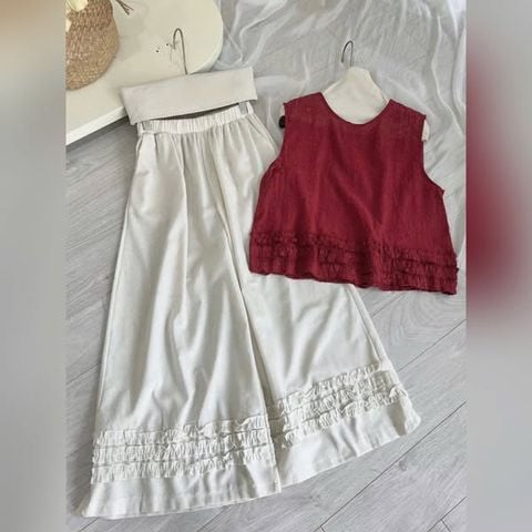 VGU0294-Set áo đỏ thêu chỉ+quần suông trắng nhúng viền bèo
