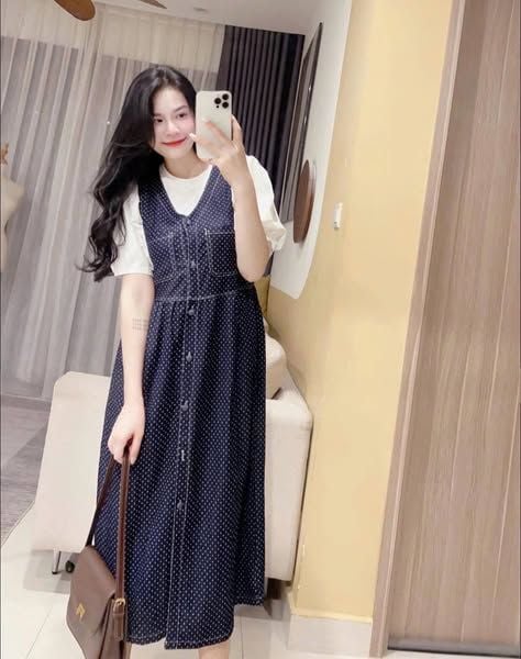 TQ4259-Set đầm jean chấm bi cổ tim+áo trắng tay phồng CC