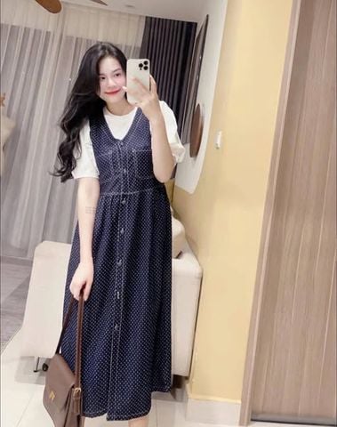 TQ4259-Set đầm jean chấm bi cổ tim+áo trắng tay phồng CC