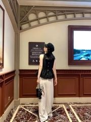 VGU0292-Set áo phối nút sau lưng, quần dài Đen (áo trắng)