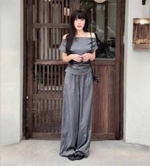 VGU0296-Set áo bệt vai nhúng eo, quần dài Đen