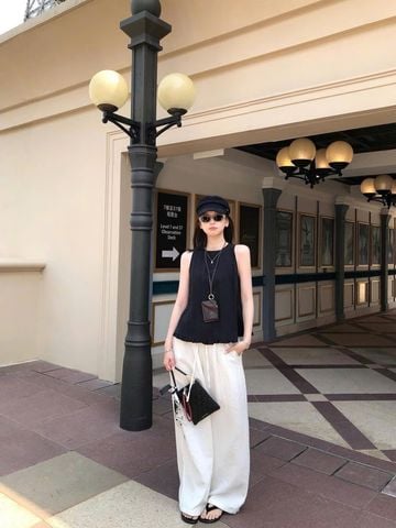 VGU0293-Set áo phối nút sau lưng, quần dài Trắng (áo đen)
