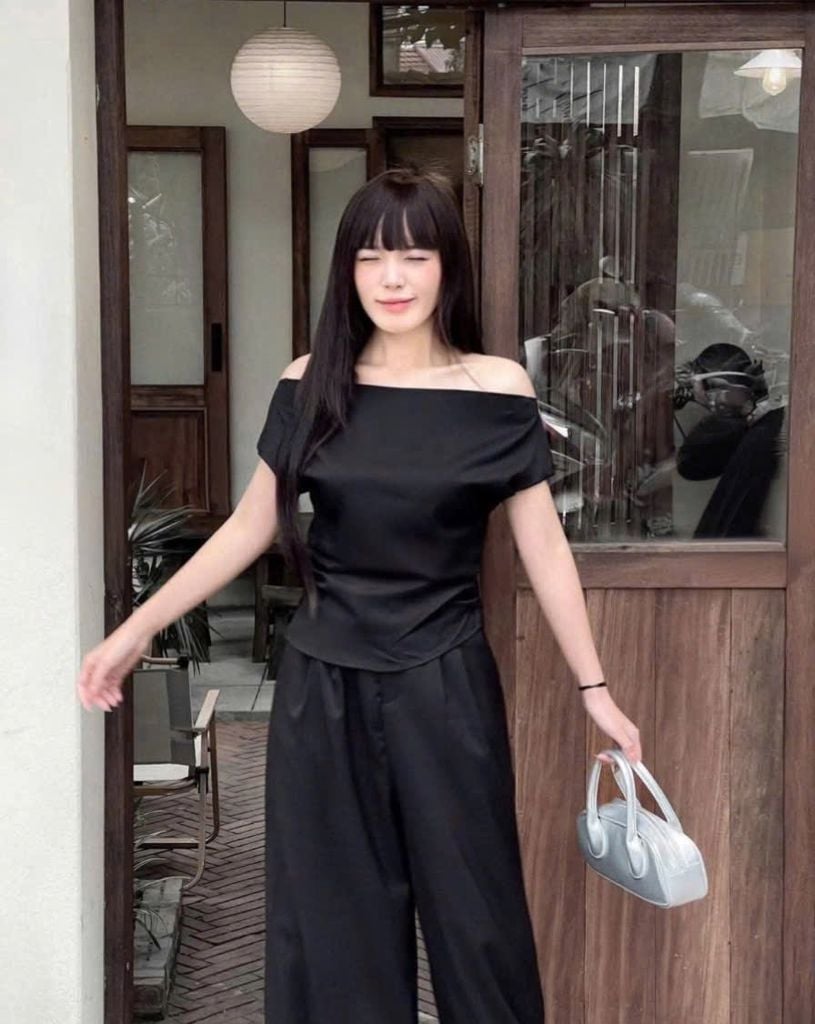 VGU0296-Set áo bệt vai nhúng eo, quần dài Đen