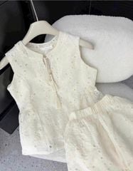 TQ4349-Set tơ tencel thêu, áo sát nách+quần short Kem
