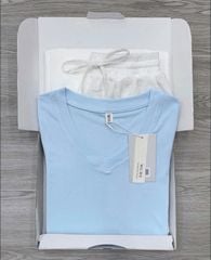 KS0903-Set áo body cổ tim xanh, quần suông Trắng