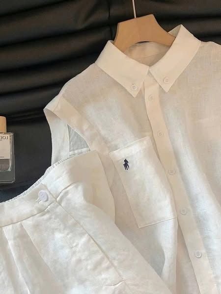KS0773-Set linen, áo phối túi thêu ngựa, quần short Trắng
