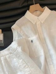 KS0773-Set linen, áo phối túi thêu ngựa, quần short Trắng