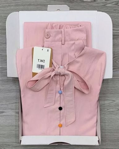 KS0755-Set áo cột nơ phối nút sau lưng, quần dài Hồng