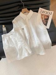 KS0773-Set linen, áo phối túi thêu ngựa, quần short Trắng