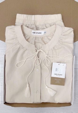 TQ4286-Set áo tay lỡ, quần short Kem