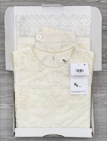 KS0793-Set áo sát nách, quần dài phối ren CC Kem