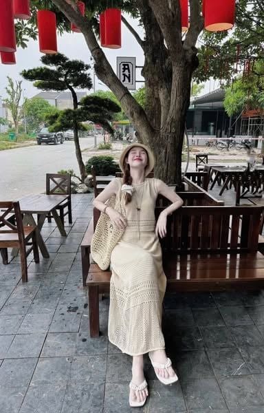 VGU0347-Set len hè, áo sát nách+CV dài Nâu