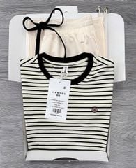 TB8363-Set áo thun sọc ngang thêu cún, quần dài ống rút dây Kem