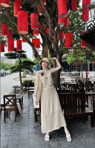 VGU0347-Set len hè, áo sát nách+CV dài Nâu