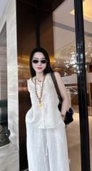 TQ4290-Set linen, áo sát nách+quần suông viền bèo Trắng Kem